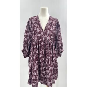 Madewell Burgundy Splitneck Puff Sleeve Floral Dress Cotton Mini Medium M NWT